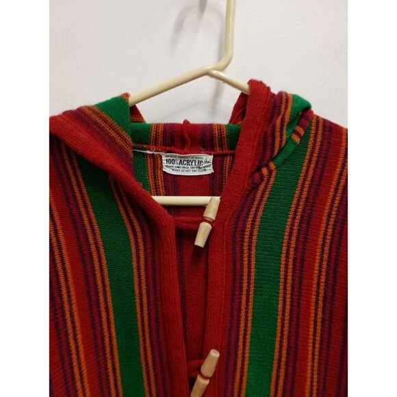 Vintage 90s Sweater Jacket Womens Large Green Red Striped Hooded BOHO Hippie - Picture 2 of 11